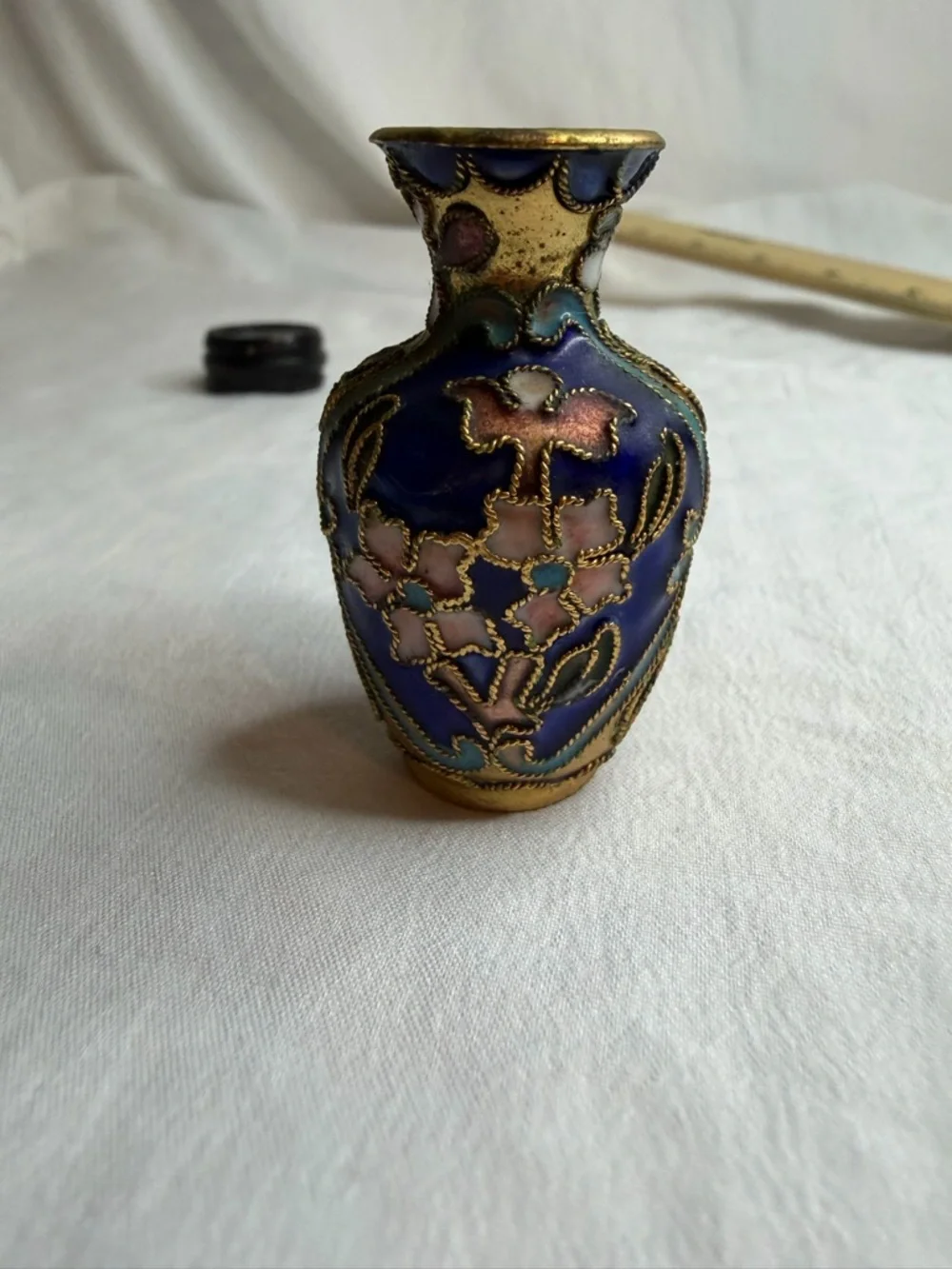 Vintage Mini Cobalt Blue Cloisonné Vase with Wood Stand - 2